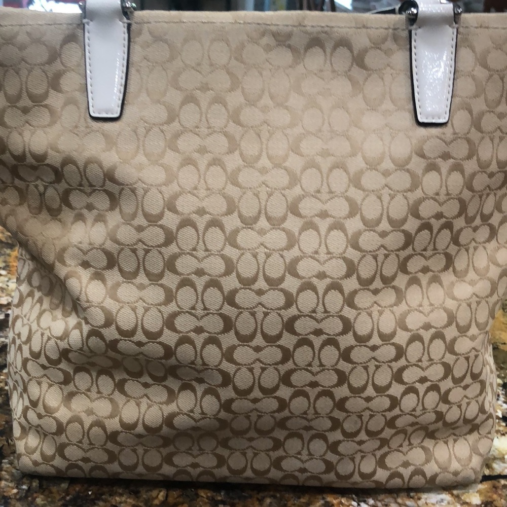 Coach Signature Cloth bag in beige with cream trim and handles. - Picture 2 of 9